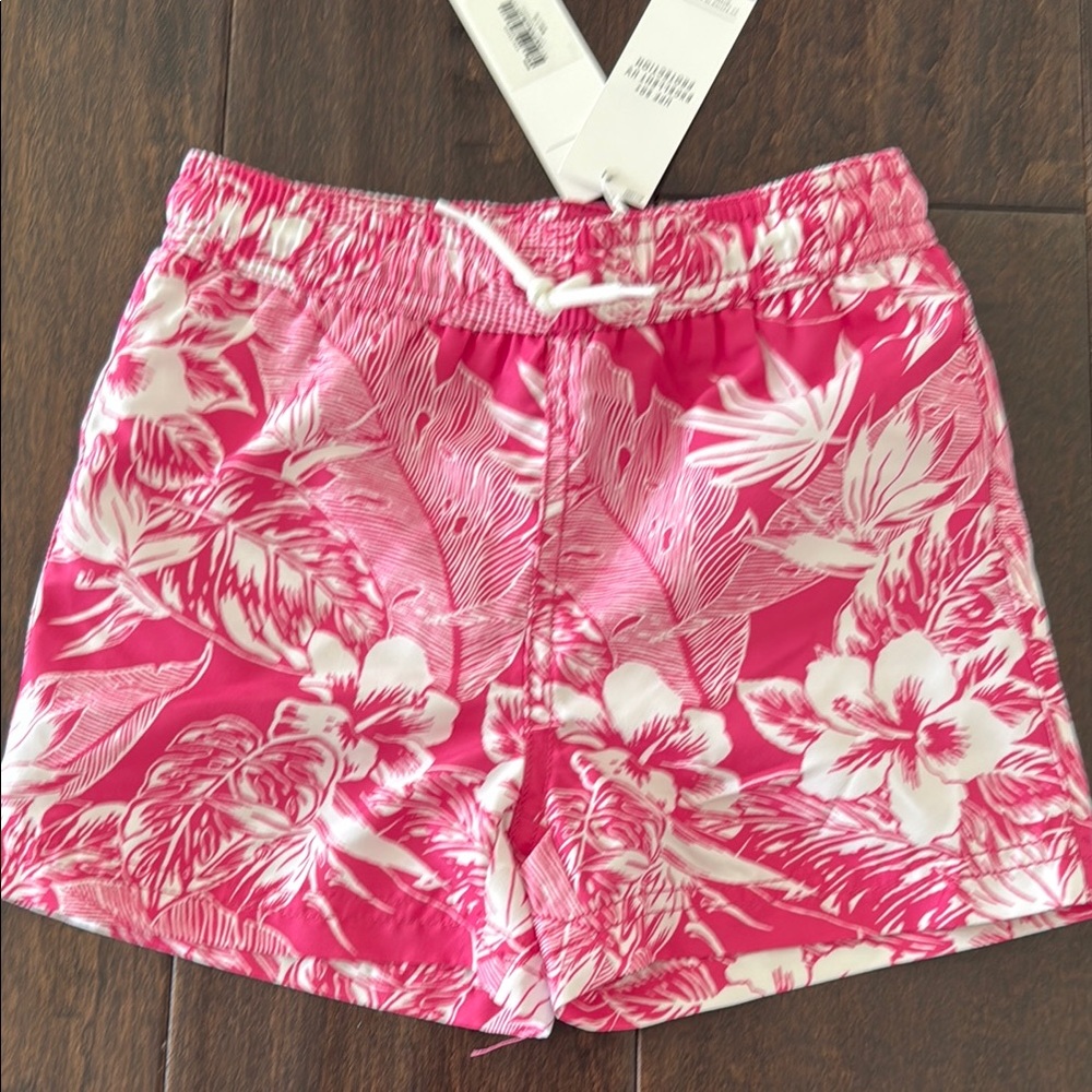 NWT Janie and Jack Toddler Boys Pink and White Floral Hawaiian Swim trunks!